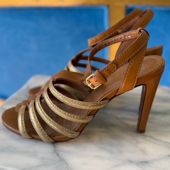 Tory Burch Size 8 Camel Tan and Gold Strappy Heels Metallic Leather Sandal Shoes - Picture 8 of 15